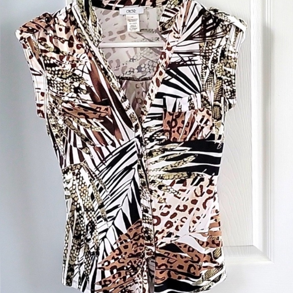 Cache XS Animal Print Button Up Tie Waist Blouse Safari Top